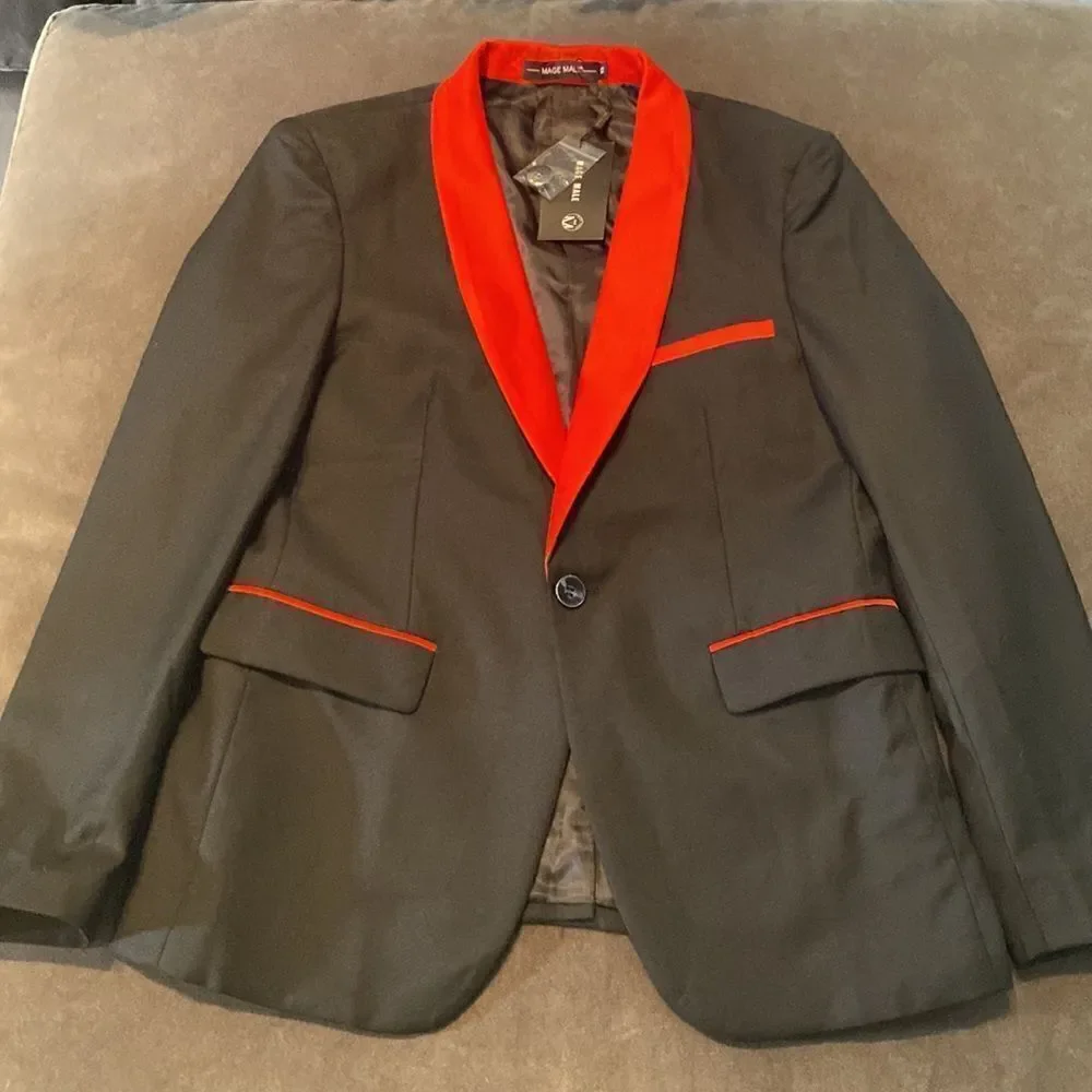 Men’s 3 Piece Slim Fit Tuxedo Black with Red Detail Shawl Lapel Size XS NWT